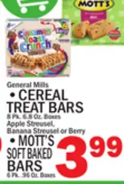 C Town GENERAL MILLS CEREAL TREAT BARS 8 PK. 6.8 OZ. BOXES MOTT'S SOFT BAKED BARS 6 PK. .96 OZ. BOXES offer