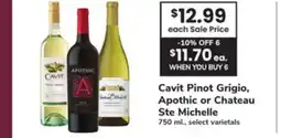 ACME Cavit Pinot Grigio, Apothic or Chateau Ste Michelle offer