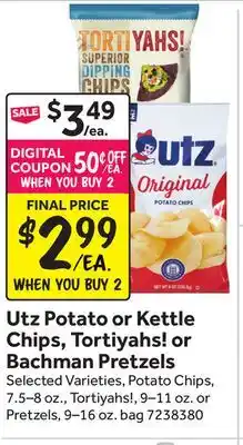 Stop&Shop Utz Potato or Kettle Chips, Tortiyahs! or Bachman Pretzels offer