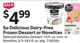 Stop&Shop So Delicious Dairy-Free Frozen Dessert or Novelties offer