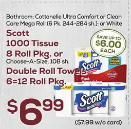 DeCicco & Sons Scott 1000 Tissue 8 Roll Pkg. or Choose-A-Size, 108 sh. Double Roll Towels 6 = 12 Roll Pkg offer