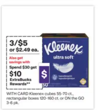 CVS Kleenex cubes 55-70 ct., rectangular boxes 120-160 ct. or ON the GO 3-6 pk offer