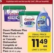 Safeway Dawn Platinum Plus PowerSuds Fresh Rain or Cascade Dishwasher Complete or Platinum Action Pacs offer