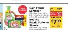 ShopRite Gain Fabric Softener or Bounce Fabric Softener Sheets offer
