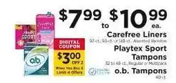 ShopRite Carefree Liners, Playtex Sport Tampons, o.b. Tampons offer