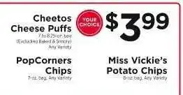 ShopRite Cheetos Cheese Puffs, PopCorners Chips, Miss Vickie’s Potato Chips offer