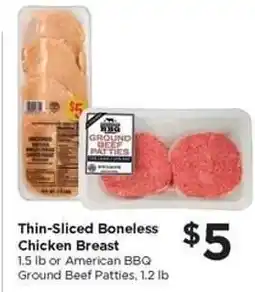 Food 4 Less Thin-Sliced Boneless Chicken Breast or American BBQ Ground Beef Patties offer