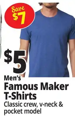 Ocean State Job Lot Men's Famous Maker T-Shirts Classic crew, V-neck & pocket model offer