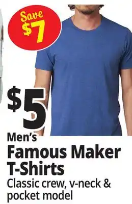 Ocean State Job Lot Men's Famous Maker T-Shirts Classic crew, V-neck & pocket model offer