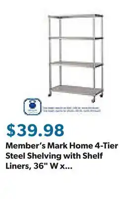 Sam's Club Member's Mark Home 4-Tier Steel Shelving with Shelf Liners, 36 W x 14 D x 56.5 H offer