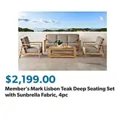 Sam's Club Member's Mark Lisbon Teak Deep Seating Set with Sunbrella Fabric, 4pc offer