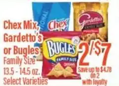 Chief Supermarket Chex mix, chex gardetto's or bugles offer