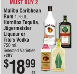 Smart & Final Malibu Caribbean Rum, Hornitos Tequila, Jägermeister Liqueur or Tito's Vodka offer