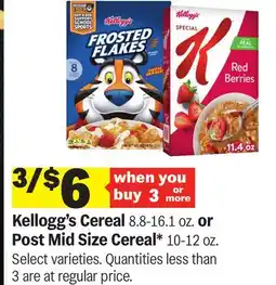 Meijer Kellogg's Cereal 8.8-16.1 oz. or Post Mid Size Cereal offer