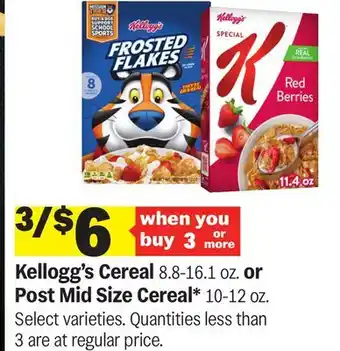 Meijer Kellogg's Cereal 8.8-16.1 oz. or Post Mid Size Cereal offer