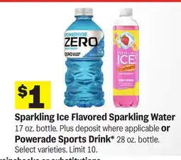 Meijer Sparkling Ice Flavored Sparkling Water 17 oz. bottle. or Powerade Sports Drink* 28 oz offer