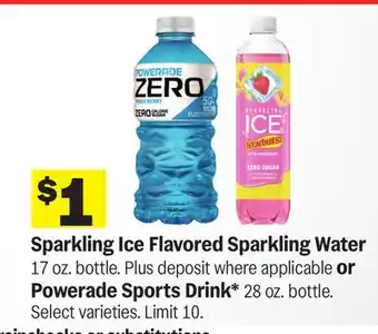 Meijer Sparkling Ice Flavored Sparkling Water 17 oz. bottle. or Powerade Sports Drink* 28 oz offer