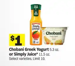Meijer Chobani Greek Yogurt 5.3 oz. or Simply Juice* 11.5 oz offer