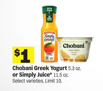 Meijer Chobani Greek Yogurt 5.3 oz. or Simply Juice* 11.5 oz offer