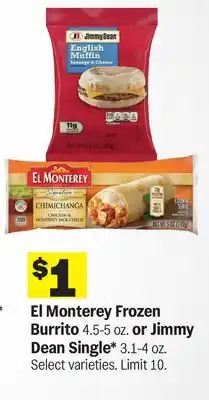 Meijer El Monterey Frozen Burrito 4.5-5 oz. or Jimmy Dean Single* 3.1-4 oz offer