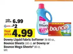 Meijer Downy Liquid Fabric Softener 38-66 oz., Bounce Sheets 160 ct. or Downy or Bounce Mega Sheets* 80 ct offer