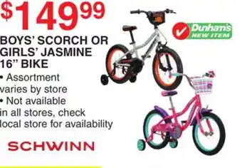 Dunham's Sports SCHWINN BOYS' SCORCH OR GIRLS' JASMINE 16 BIKE offer