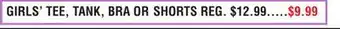 Dunham's Sports GIRLS' TEE, TANK, BRA OR SHORTS offer