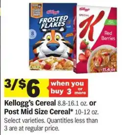 Meijer Kellogg's Cereal or Post Mid Size Cereal offer