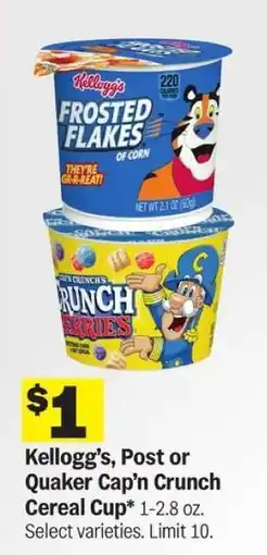 Meijer Kellogg’s, Post or Quaker Cap’n Crunch Cereal Cup offer