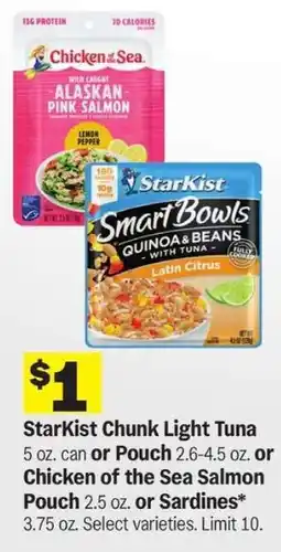Meijer StarKist Chunk Light Tuna or Chicken of the Sea Salmon Pouch or Sardines offer