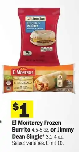 Meijer El Monterey Frozen Burrito or Jimmy Dean Single offer