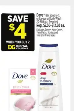 Dollar General Dove Bar Soap 6 ct. or Larger or Body Wash 20-30.6 oz offer