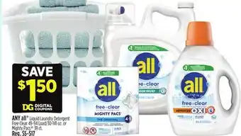 Dollar General ANY all Liquid Laundry Detergent Free Clear 49-94 Load/30-141 oz. or Mighty Pacs 39 ct offer
