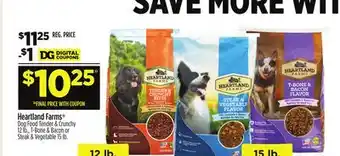 Dollar General Heartland Farms Dog Food Tender & Crunchy 12 lb., T-Bone & Bacon or Steak & Vegetable 15 lb offer