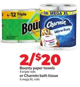 Hy-Vee Bounty paper towels 4 triple rolls or Charmin bath tissue 6 mega XL rolls offer