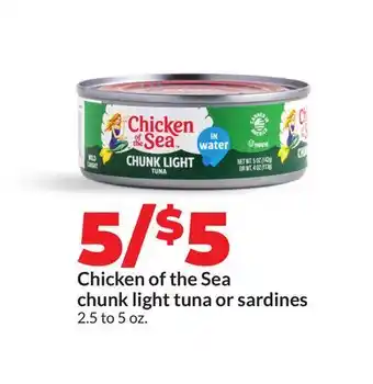 Hy-Vee Chicken of the Sea chunk light tuna or sardines offer