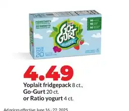 Hy-Vee Yoplait fridgepack 8 ct., Go-Gurt 20 ct. or Ratio yogurt 4 ct offer