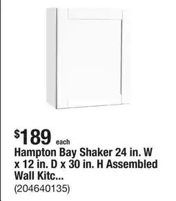 The Home Depot Hampton Bay Shaker 24 in. W x 12 in. D x 30 in. H Assembled Wall Kitchen Cabinet in Satin White offer