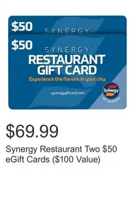 Costco Synergy Restaurant Two $50 eGift Cards ($100 Value) offer