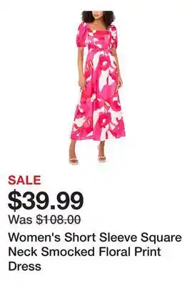 Belk Women's Short Sleeve Square Neck Smocked Floral Print Dress offer