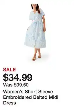 Belk Women's Short Sleeve Embroidered Belted Midi Dress offer