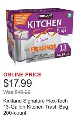 Costco Kirkland Signature Flex-Tech 13-Gallon Kitchen Trash Bag, 200-count offer