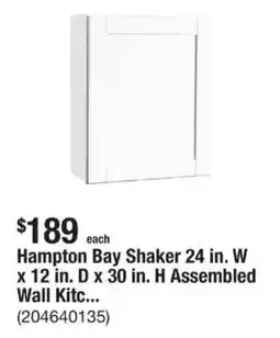 The Home Depot Hampton Bay Shaker 24 in. W x 12 in. D x 30 in. H Assembled Wall Kitc... offer