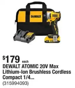 The Home Depot DEWALT ATOMIC 20V Max Lithium-Ion Brushless Cordless Compact 1/4... offer