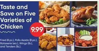 Stater Bros Fried (8 pc.), Pollo Asado (8 pc.), Rotisserie (ea.), Wings (lb.), and Tenders (lb.) offer