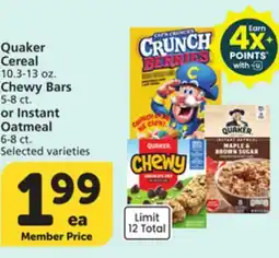 Vons Quaker Cereal 10.3-13 oz. Chewy Bars 5-8 ct. or Instant Oatmeal 6-8 ct offer