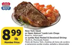 Vons New York Steak or Open Nature Lamb Loin Chops or Jumbo Raw Peeled & Deveined Shrimp offer