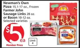 Vons Newman's Own Pizza 15.1-17 oz., Frozen Farmer John Sausage Links 28 oz. or Bacon 10-12 oz offer