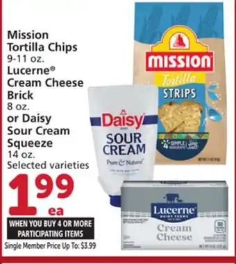 Vons Mission Tortilla Chips 9-11 oz. Lucerne Cream Cheese Brick 8 oz. or Daisy Sour Cream Squeeze 14 oz offer