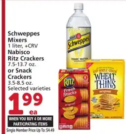 Vons Schweppes Mixers 1 liter, + Nabisco Ritz Crackers 7.5-13.7 oz. or Snack Crackers 3.5-8.5 oz offer